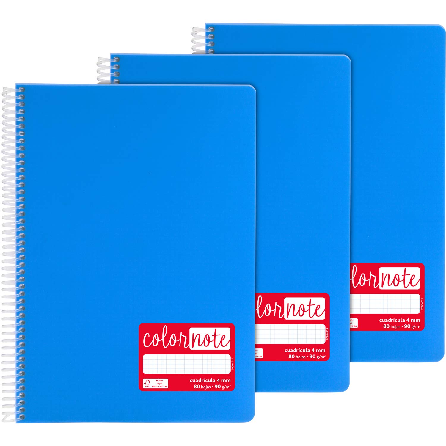 Grafoplas - Pack of 3 Spiral Notebooks A4, Squared 4 mm, 80 Sheets, 90 g, Blue, Polypropylene Cover, ColorNote Series, Perfect School Supplies