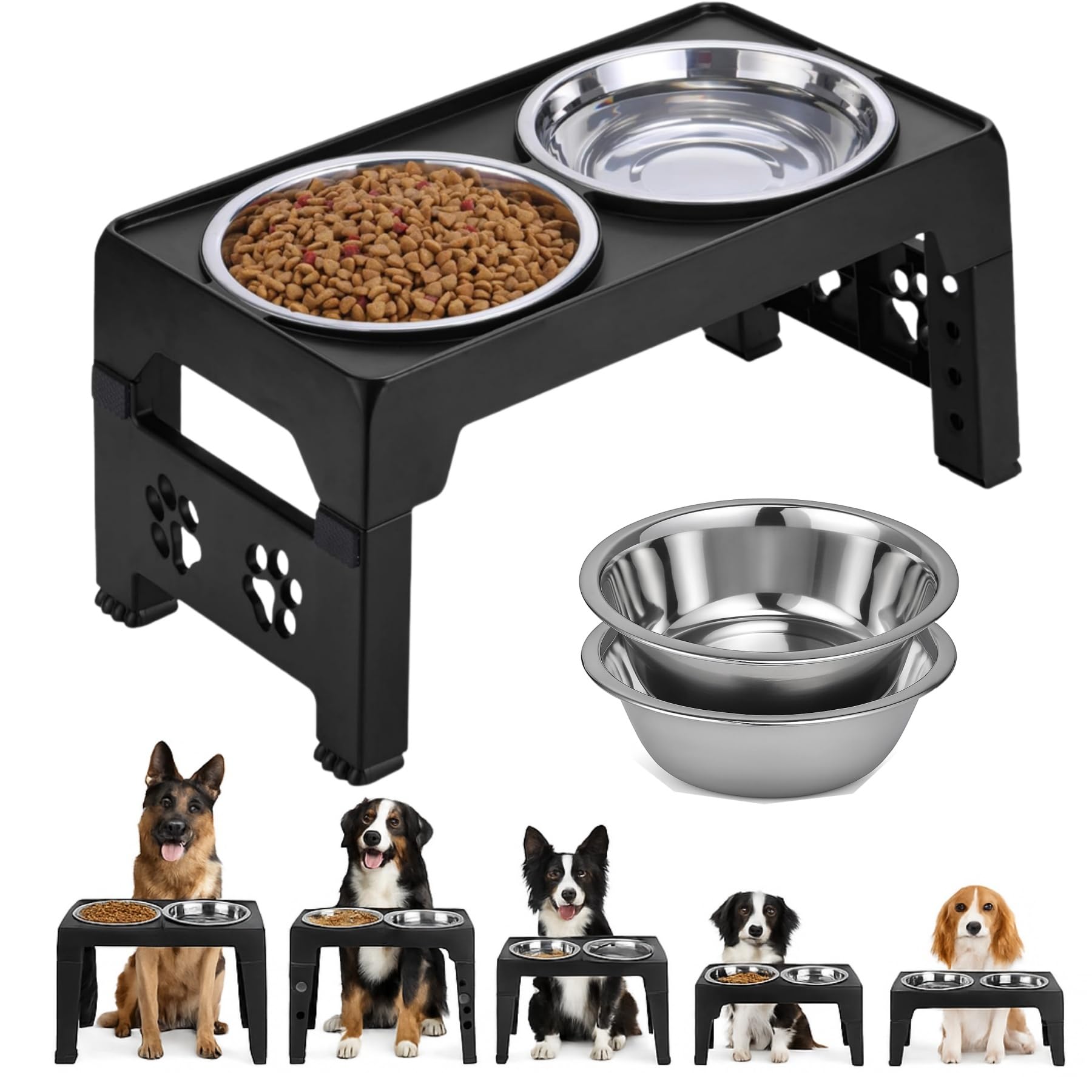 Photo 1 of LALOBLUE Elevated Dog Bowls, Raised Dog Bowl with 2 Stainless Steel Dog Food Bowls, Dog Bowls Stand Adjusts to 5 Heights 2.95", 8.46", 9.65", 10.82", 12.01" for Small Medium Large Dogs Cats Pets,Black