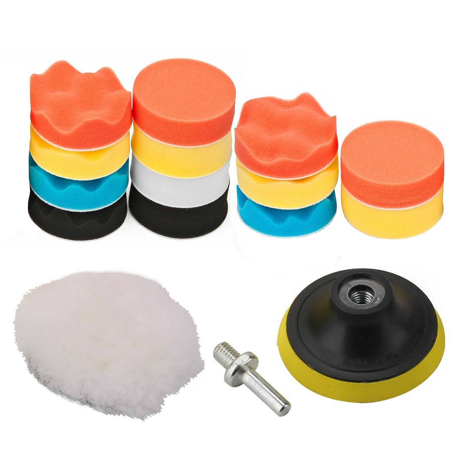 OxoxO 7"/180mm Polishing Buffing Pad Auto Car Drill Polisher Buffer Sponge Pads Set M14 Drill Adapter with Shank (Set of 16)