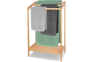 Purbambo Bamboo Towel Rack for Bathroom, 3 Tier Freestanding Towel Holders with Bottom Storage Shelf for Hand Towel, Washcloth, Facecloth, Small Bath Towel and Bathrobe