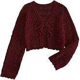 SHENHE Women's Tie Front Hollow Out Cover Up Summer Boho Knit Cardigan Crop Tops
