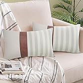 Faux Leather and Linen Throw Pillow Covers 12 x 20 Black and White Decorative Throw Pillows Covers Brown Stripe Patchwork Square Modern Farmhouse Cushion Covers Pillowcase for Couch Sofa Bedroom