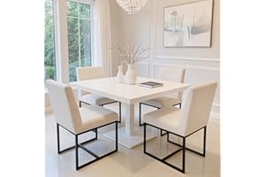HNY Century Modern Dining Chairs Set of 4, Linen Fabric Kitchen & Dining Room Chair, Upholstered Dining Chair Side Chair with Black Finish Metal Frame, Cream 4 PC