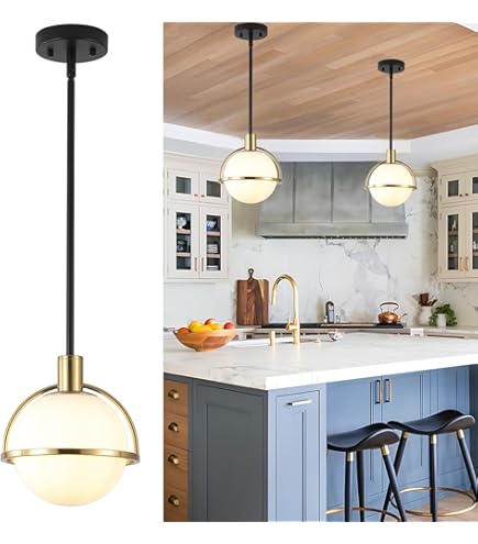 9.5 Inch Black & Gold Globe Pendant Light - Modern Kitchen Island Lighting With Milk Glass