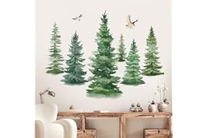 decalmile Watercolor Large Pine Trees Wall Decals Woodland Branch Birds Wall Decals Nursery Bedroom Living Room Wall Decor(H: