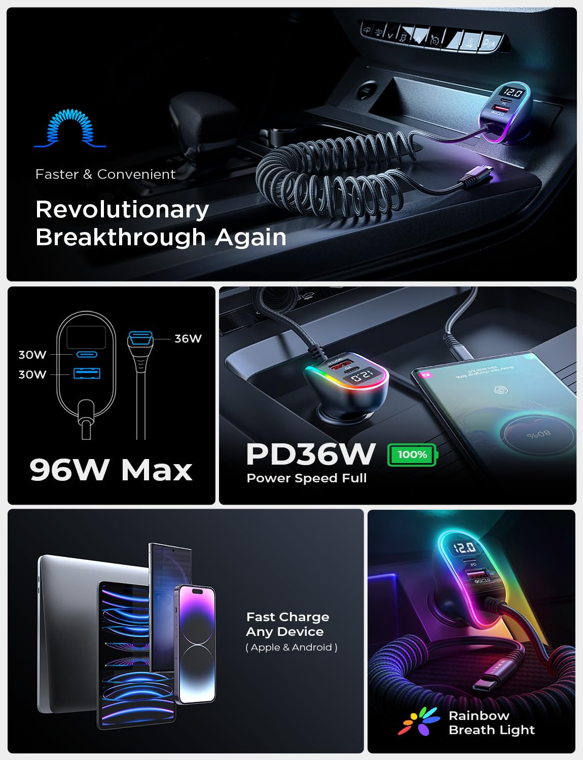 LISEN 96W Car Charger USB C Multi Port Fast Charge USB C Car Charger Adapter PD&QC & Tablet iPad Holder for Car Mount Headrest-iPad Car Holder Back Seat
