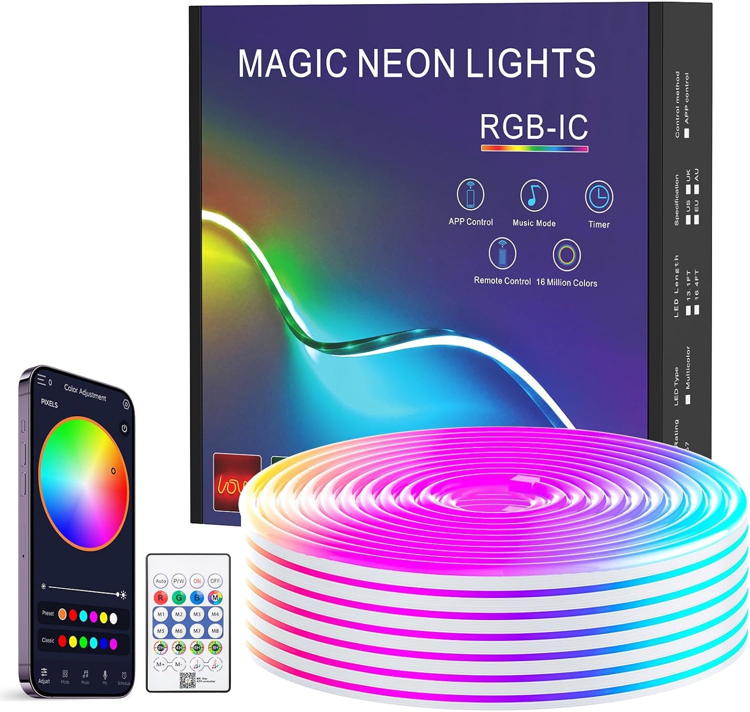 Photo 1 of TK99SW 6.56Ft RGB+IC LED Neon Rope Lights, USB Powered Music Synchronized Flexible LED Strip Lights, App/Remote Control Waterproof LED Neons Light, Used for Bedroom, Gaming, Party, Indoor and Outdoor.