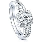 BERRICLE Sterling Silver Halo Wedding Engagement Promise Rings Stackable Band for Her, Cushion Cut Cubic Zirconia CZ Ring Set