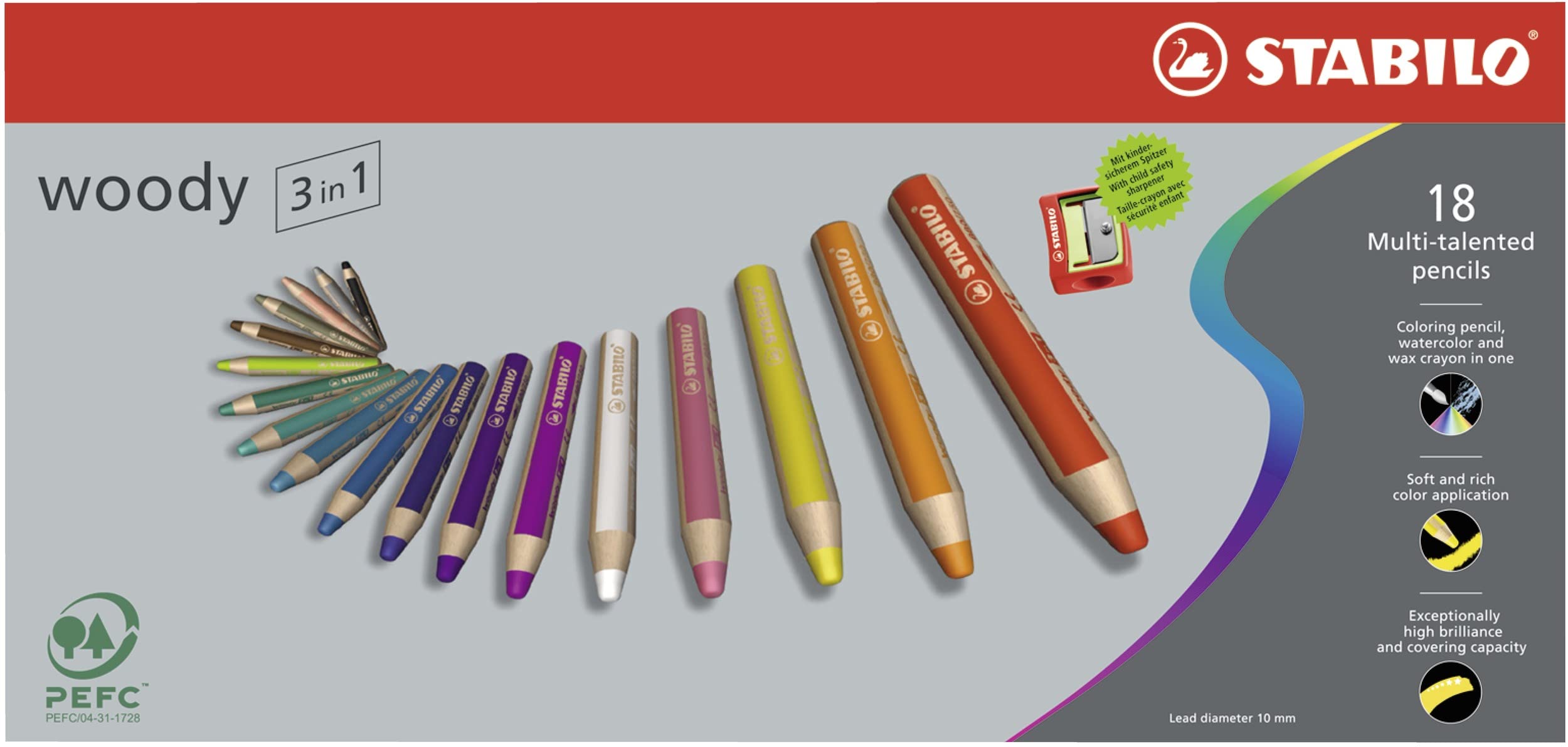 Multi-talented Pencil - STABILO woody 3-in-1 - Pack of 18 - Assorted colours with sharpener