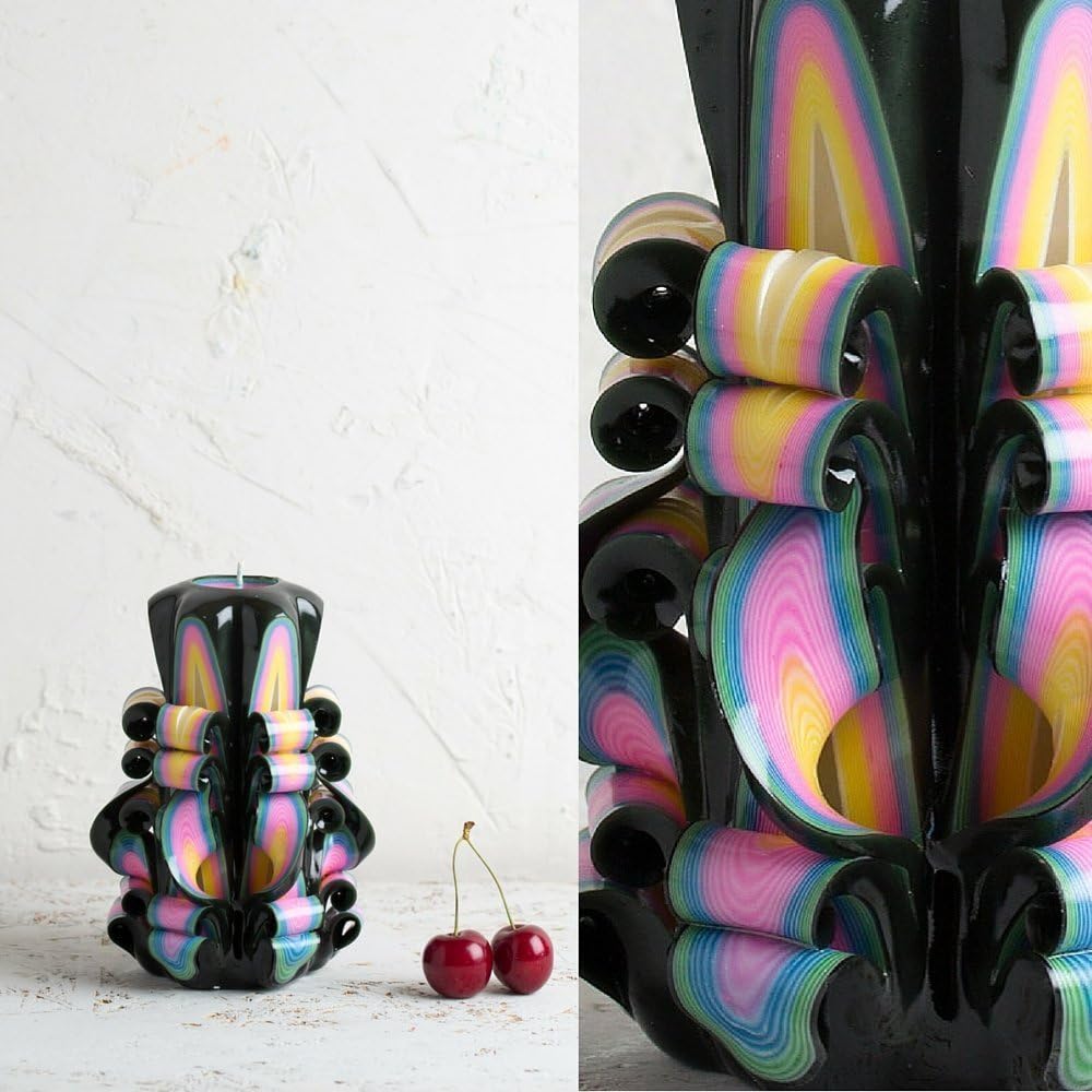 Decorative Candle Handmade Carving - Birthday Gift Idea for Him and Her - Black Rainbow - EveCandles