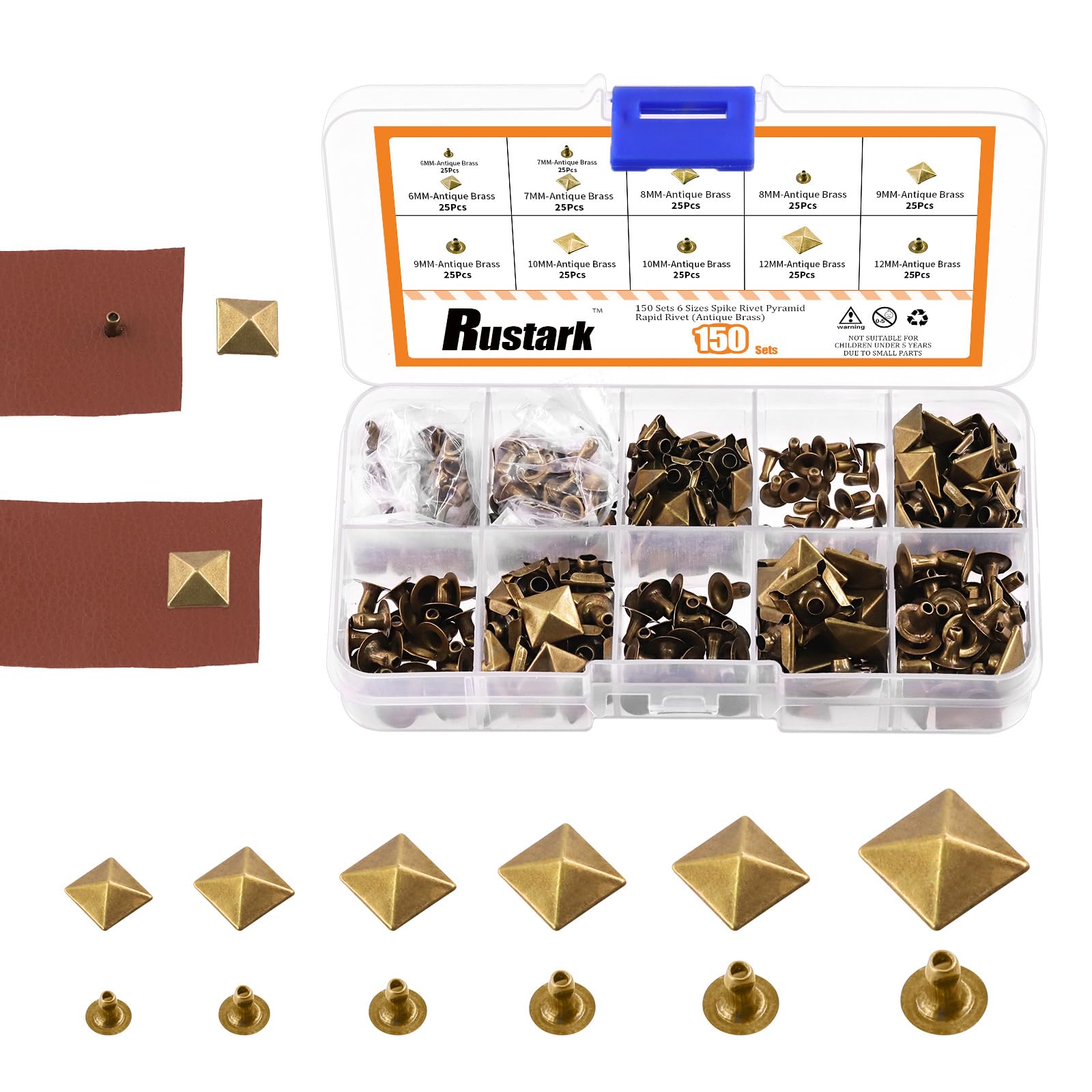 Rustark 150 Sets 6 Sizes 6mm 7mm 8mm 9mm 10mm 12mm Antique Brass Pyramid Rivet Square Leather Rivets Kit Metal Studs Pyramid Rapid Rivet Studs Assortment Kit for DIY Leather Craft Decorations