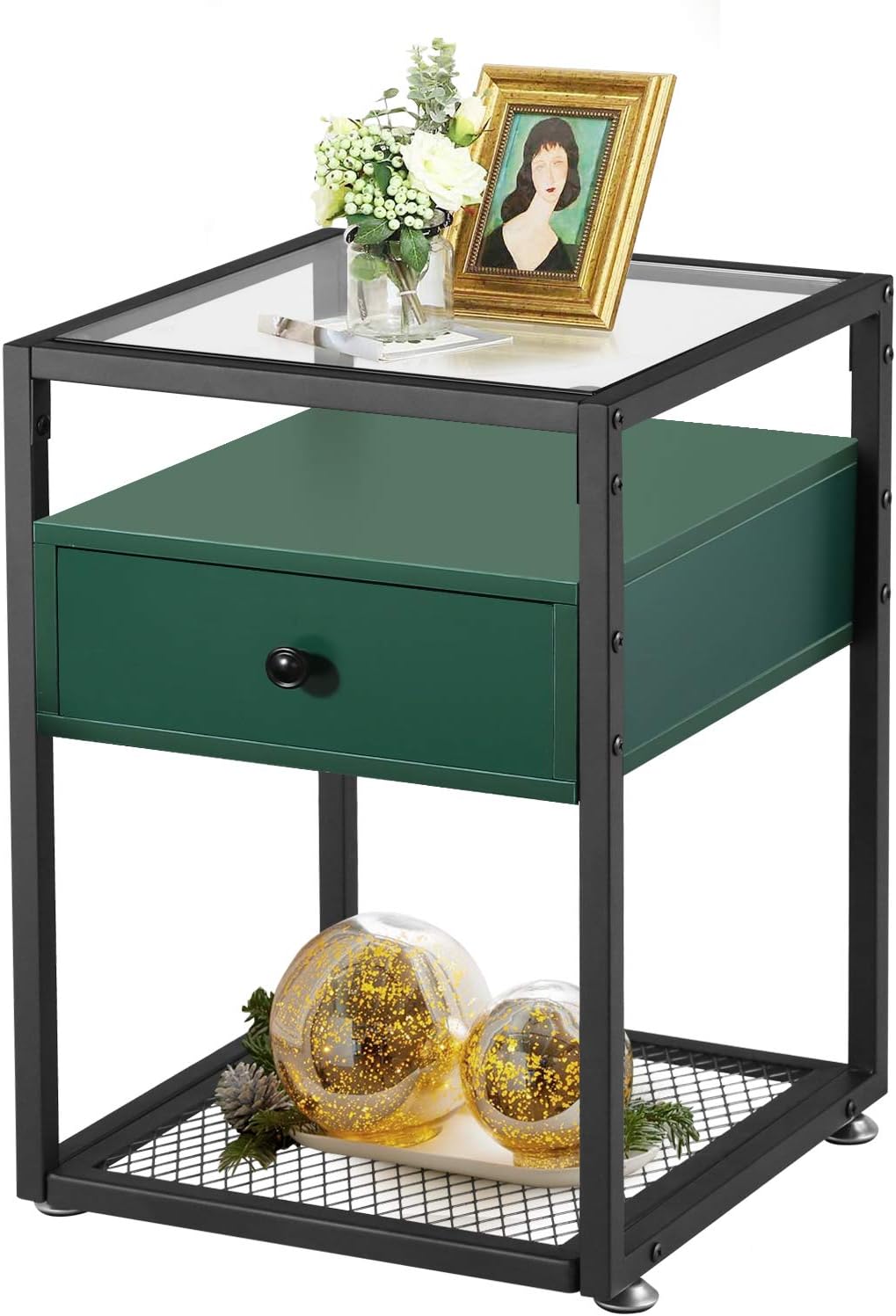 VECELO Nightstand, Tempered Glass End Table, Cabinet with Drawer and Rustic Shelf Decoration in Living Room,Bedroom,Lounge, Green: Home & Kitchen
