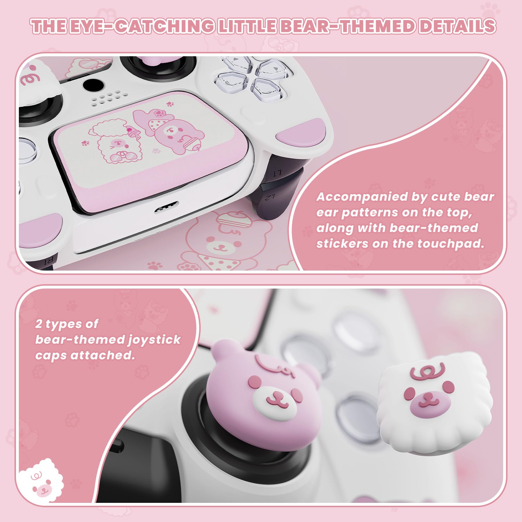 PlayVital Cute Bear Controller Silicone Case for ps5, Kawaii Controller Cover Compatible with Charging Station, Gamepad Skin Protector for ps5 with Touch Pad Sticker & Thumb Grips - White & Pink