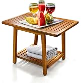 ENKEZI Acacia 24 Inches Outdoor Side Table, 2-Tier Sturdy Patio, End Table Weather Resistant, Strong Stability Side Table for Patio, Pool, Porch, Teak Finish (Large)