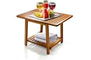 ENKEZI Acacia 24 Inches Outdoor Side Table, 2-Tier Sturdy Patio, End Table Weather Resistant, Strong Stability Side Table for Patio, Pool, Porch, Teak Finish (Large)