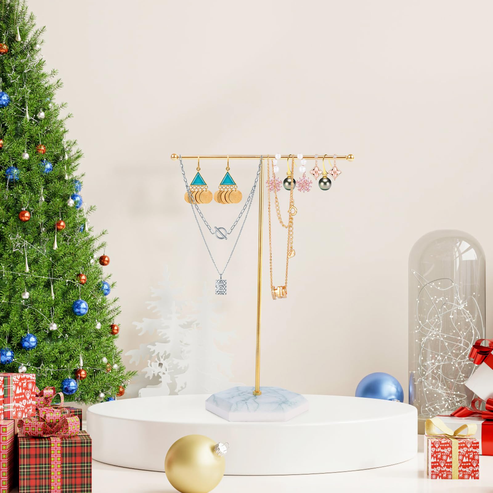 Minicoco Jewellery Organiser Stand Metal T-Bar Jewelry Stand Necklace Display Stand Earrings Display Holder Hanging Pendant Rack with Marble Pattern Round Tray for Bracelets Rings Keys (Gold + White)