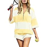 Panadila Women Striped Workout Set Two Piece Outfit Tracksuit Oversized Lounge Set Top and Shorts Sets with Pockets