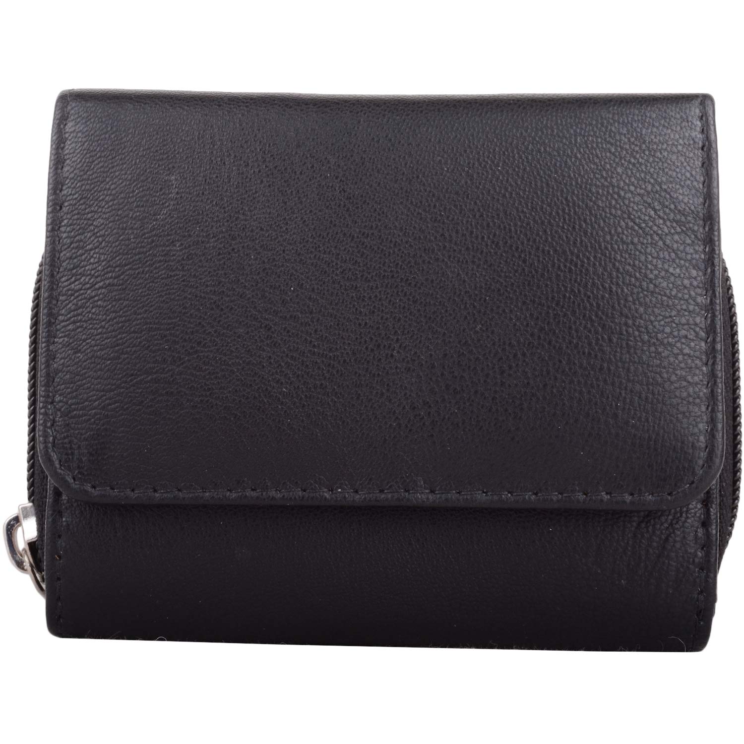 Womens Small Leather Zip Round Tri-Fold Money/Coin/Credit Card Holder/Purse - Black