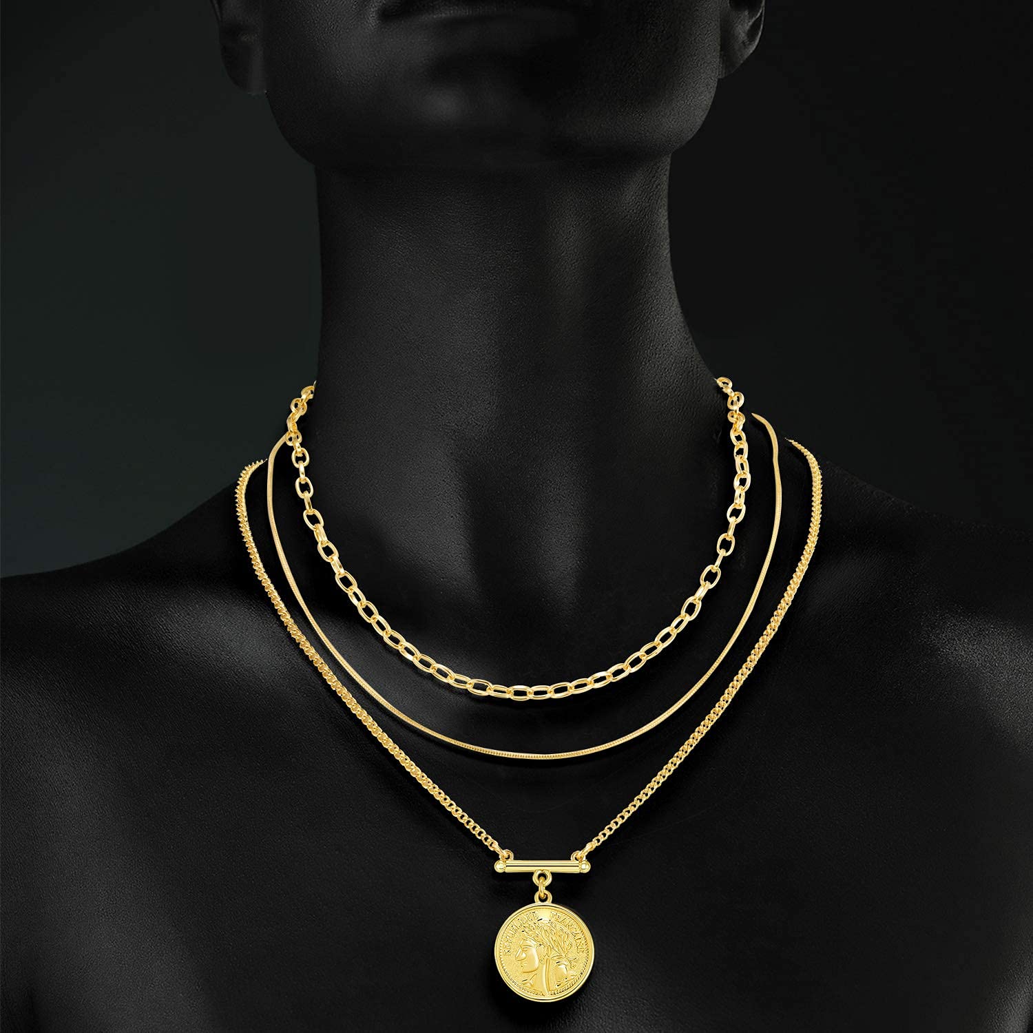LANE WOODS Gold Layered Necklaces for Women Girls Dainty Layering Coin Lock Eye Snake Pendant Jewelry Gifts