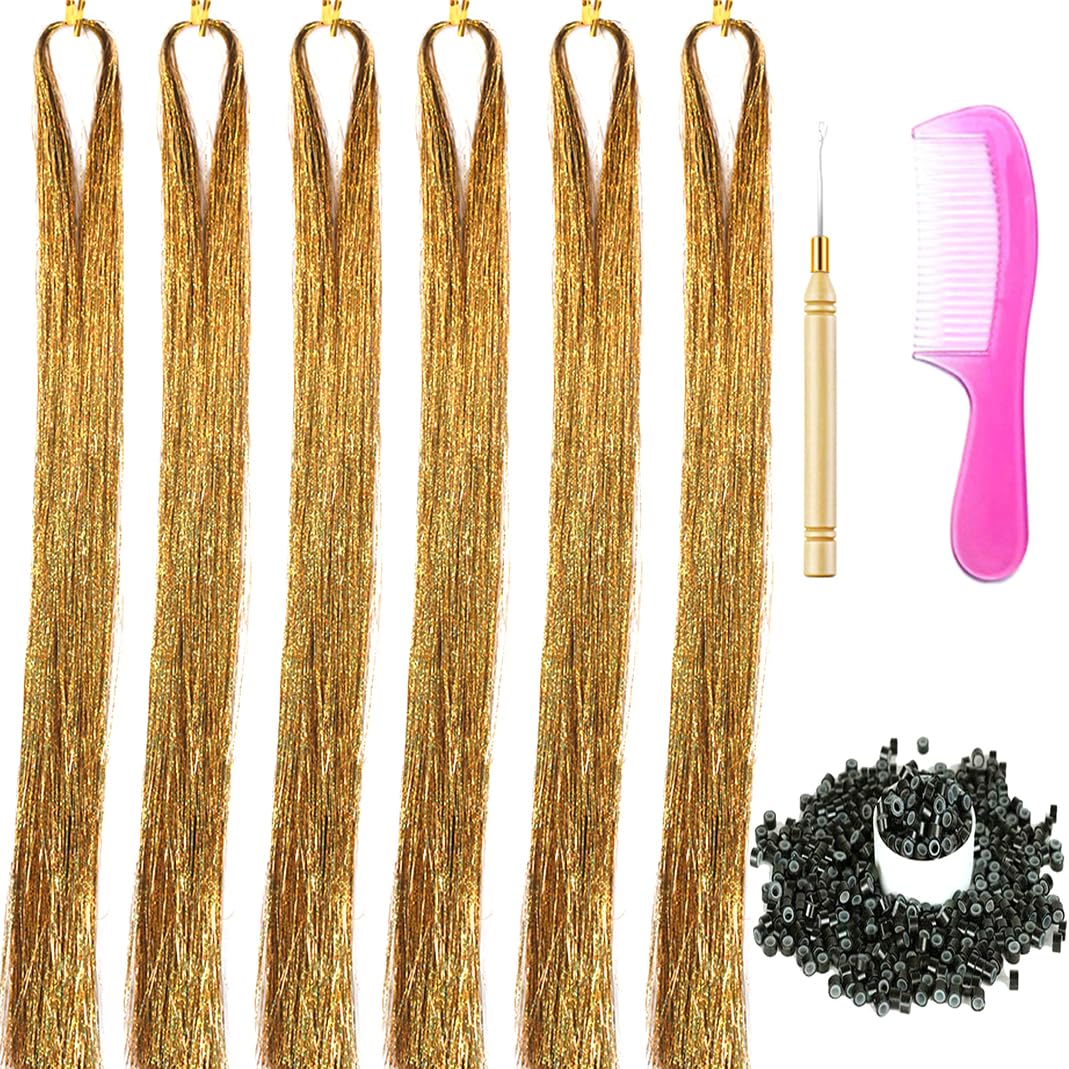 Photo 1 of 6 Packs Hair Extensions Tinsel Kit 1200 Strands Tinsel Hair Extensions for Women Heat Resistant Glitter Fairy Hair Accessories for Christmas (Champagne gold)