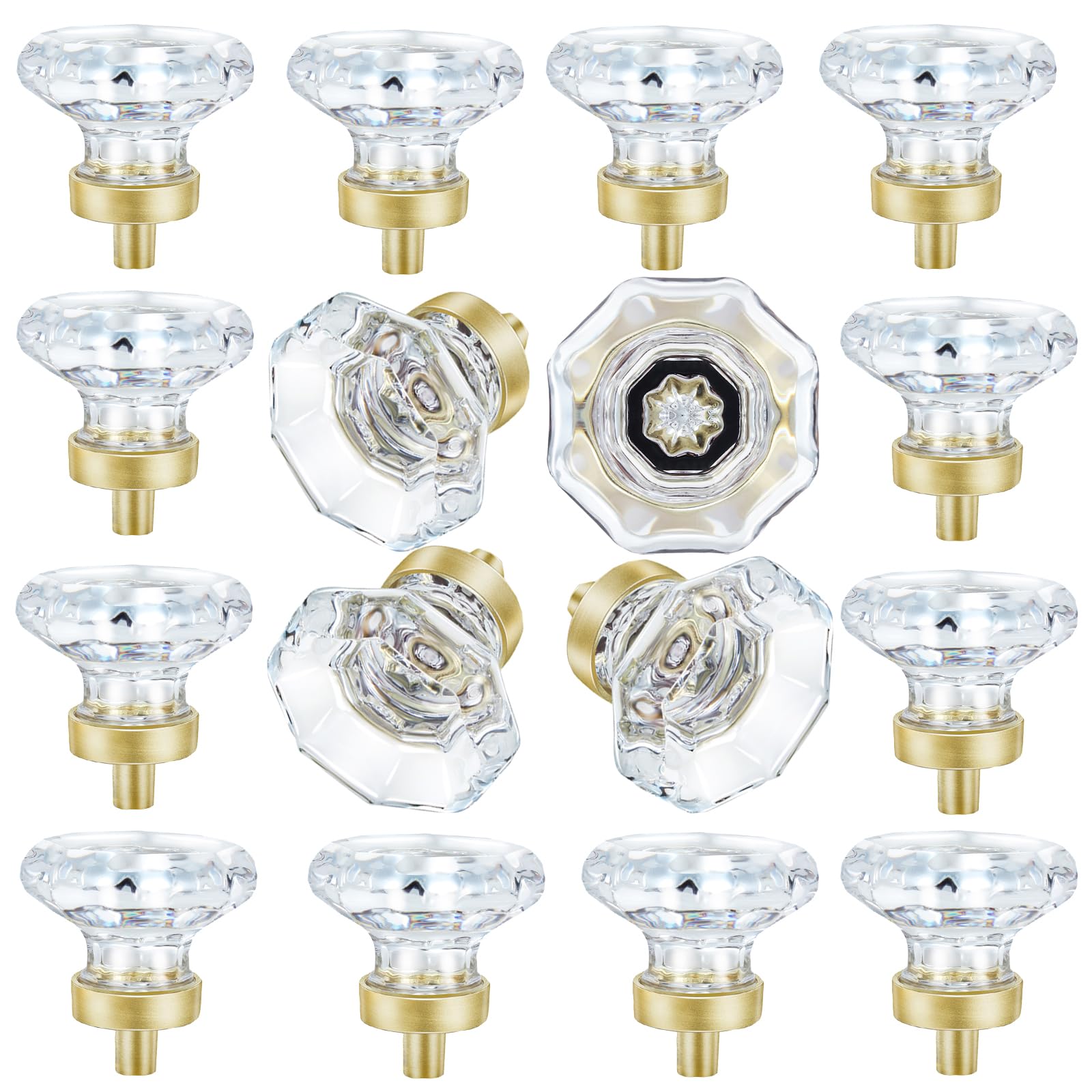 Photo 1 of HIEMEY Gold Crystal Glass Cabinet Knobs, Satin Brass Pulls and Knobs for Cabinet Dresser Drawer(16Pcs,Octagon)