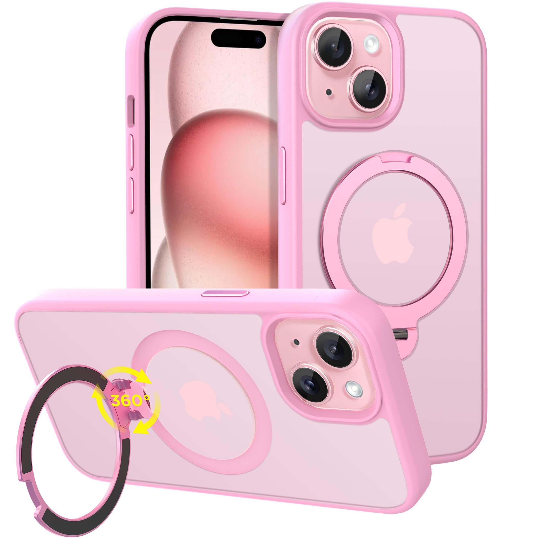 Photo 1 of CACOE Magnetic Case for iPhone 15 6.1 inch with 360 Rotatable Ring Stand, Compatible with MagSafe Car Phone Mount, iPhone 15 Cases Cover Phone Holder for Desk Meeting/Videos Pink