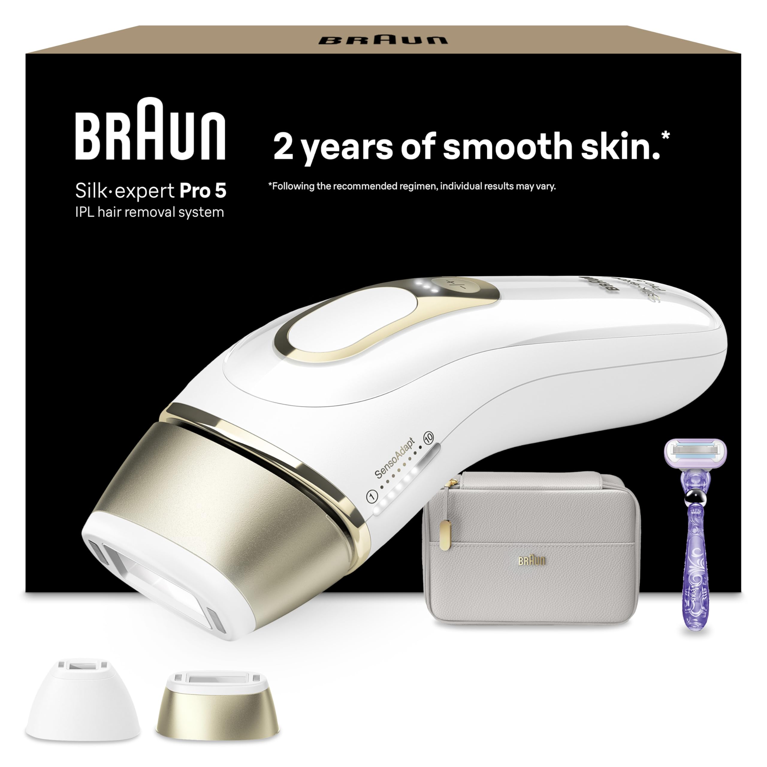 Braun IPL Silk·expert Pro 5 – IPL Geräte Haarentfernung, dauerhaft und schmerzfrei Haarentfernung für Zuhause – Etui mit Gillette Venus Rasierer, 2 Aufsätze, Designed In Germany – PL5157, Weiß/Gold