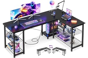 Casaottima 51 Inch L Shaped Gaming Desk with Shelves & Power Outlets, Reversible Computer Desk with Storage Shelves for Home Office, Black