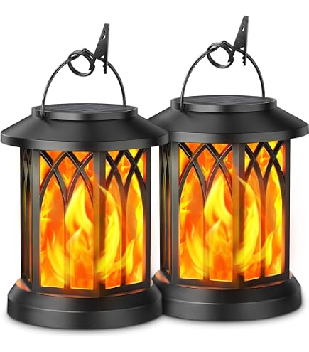 KOOPER Taller Solar Lanterns Outdoor – 2 Pack Waterproof Hanging Flickering Flame LED Lanterns, Battery & Solar Powered, Bronze Finish For Garden, Patio, Yard