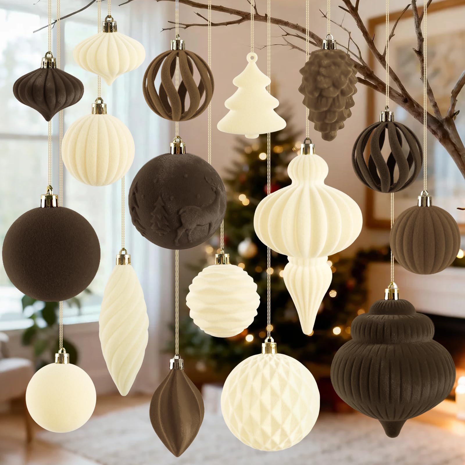 Photo 1 of 18Pcs Velvet Christmas Tree Ornaments Set, Flocked Hanging Christmas Balls Ornaments, Shatterproof Khaki Brown White Hanging Balls Decorations Assortment for Xmas Tree Holiday Winter Party Decor