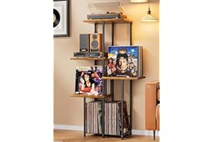 BIKONEY Record Player Stand, Vinyl Record Storage Holder with Display Shelf, Turntable Stand Table with Vinyl Organizer Dividers Album Rack, Vintage Style Record Cabinet Wood, Mid Century Modern Tall Console