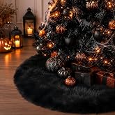 28 Inch Black Faux Fur Christmas Tree Skirt for Halloween Decorations | Anti-Slip Backing, Fits Trees Under 5FT, Soft Black Faux Fur, Double-layer Plush, for Holiday Small Tree Party XMAS Decor
