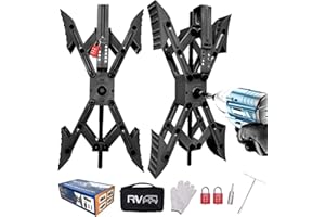 RVPNR Camper X-Shaped Wheel Chock Stabilizer, 2 Sets RV Stabilizer Wheel Chock Scissor, X Chocks Wheel Stabilizer for Travel Trailer Allow Drill Adjust with Hex Socket, Tool Kit and Password Locks-Black