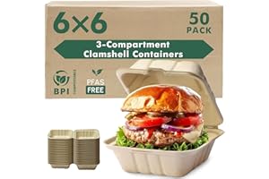 yoyomax [6x6-50Pack] 100% Compostable To Go Food Containers with Lids, Burger Box Take Out Clamshell Container, Bio Disposable | Eco Friendly | Heavy-Duty Boxes, Made of Sugarcane Fibers