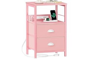 Furologee Nightstand with Charging Station, Night Stand with 2 Fabric Drawers, Side Table with USB Ports, End Table with Stor