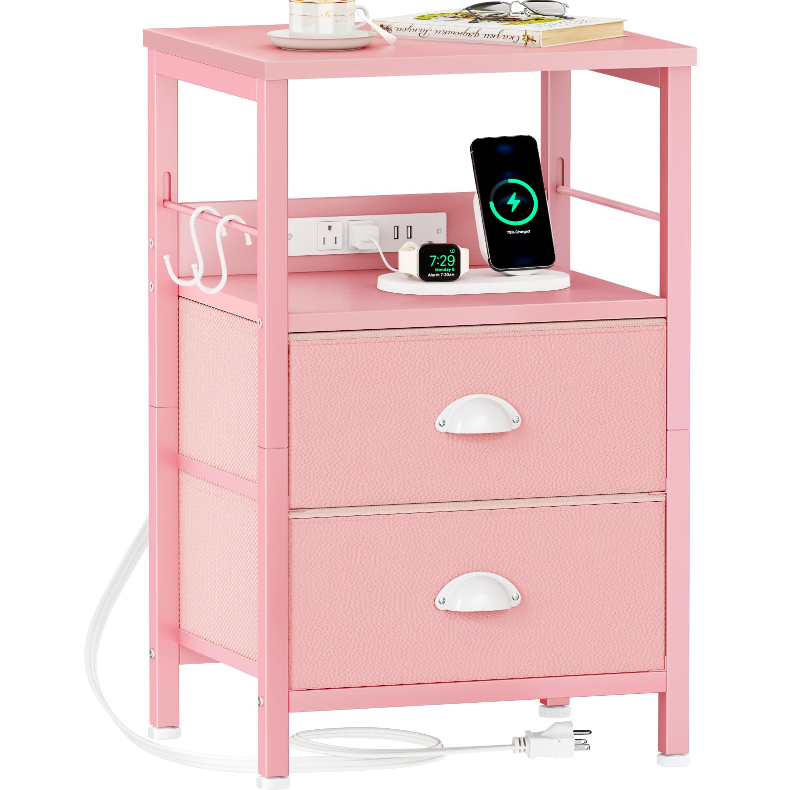 Furologee Nightstand with Charging Station, Night Stand with 2 Fabric Drawers, Side Table with USB Ports, End Table with Storage Shelf, for Living Room/Bedroom, Pink