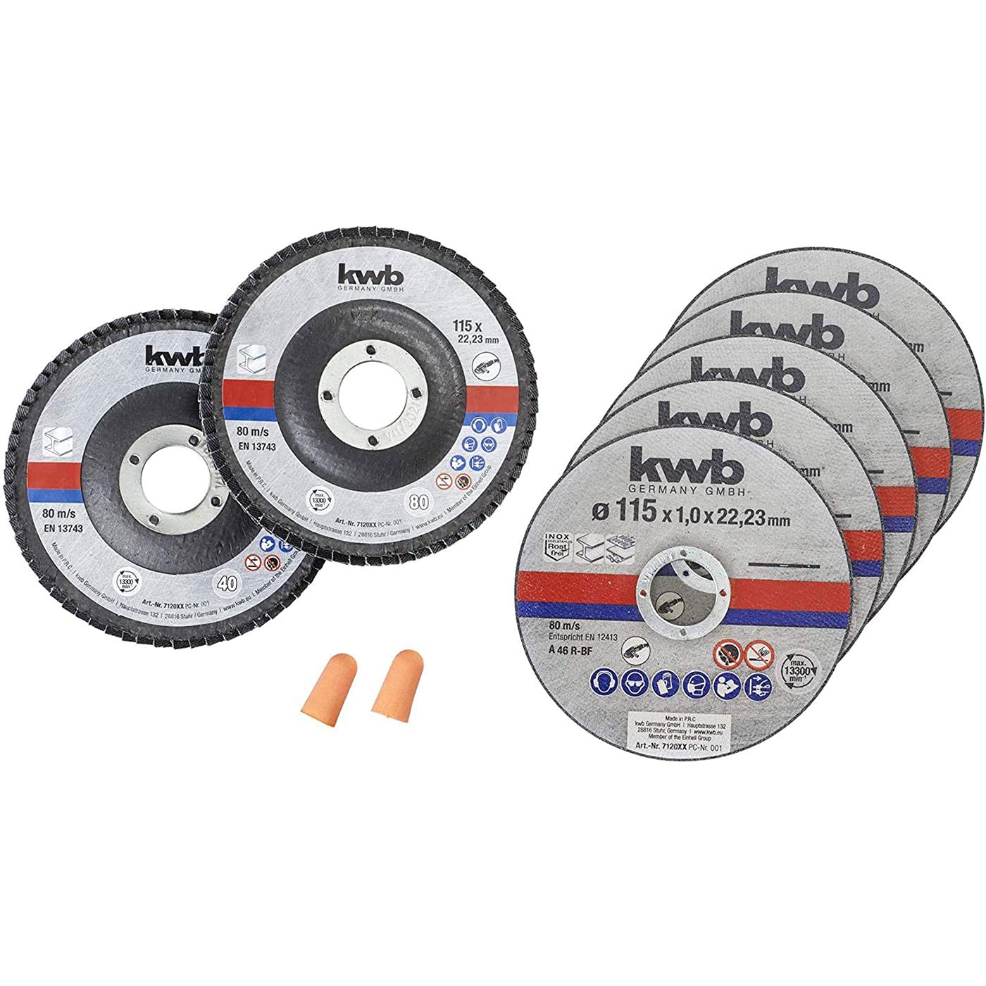 kwb 115mm Metal Cutting and Grinding Discs Set - Thin Cutting Discs for Steel, Metalworking, and Free Earplugs