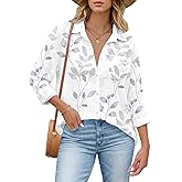 HOTOUCH Womens Button Down Shirts Linen Cotton Long Sleeve Blouses Casual Collared Loose Fit Gauze Tops with Pocket