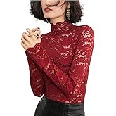 QiuDumo Women's Floral Lace Top Sexy Long Sleeve Mock Neck Casual Shirt Going Out Blouse