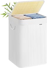 SONGMICS 95 L Laundry Basket with Lid Bamboo Handles Foldable White LCB060W01