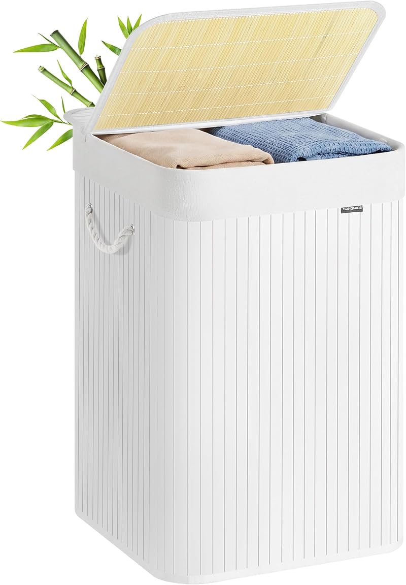 SONGMICS 95 L Laundry Basket with Lid Bamboo Handles Foldable White LCB060W01