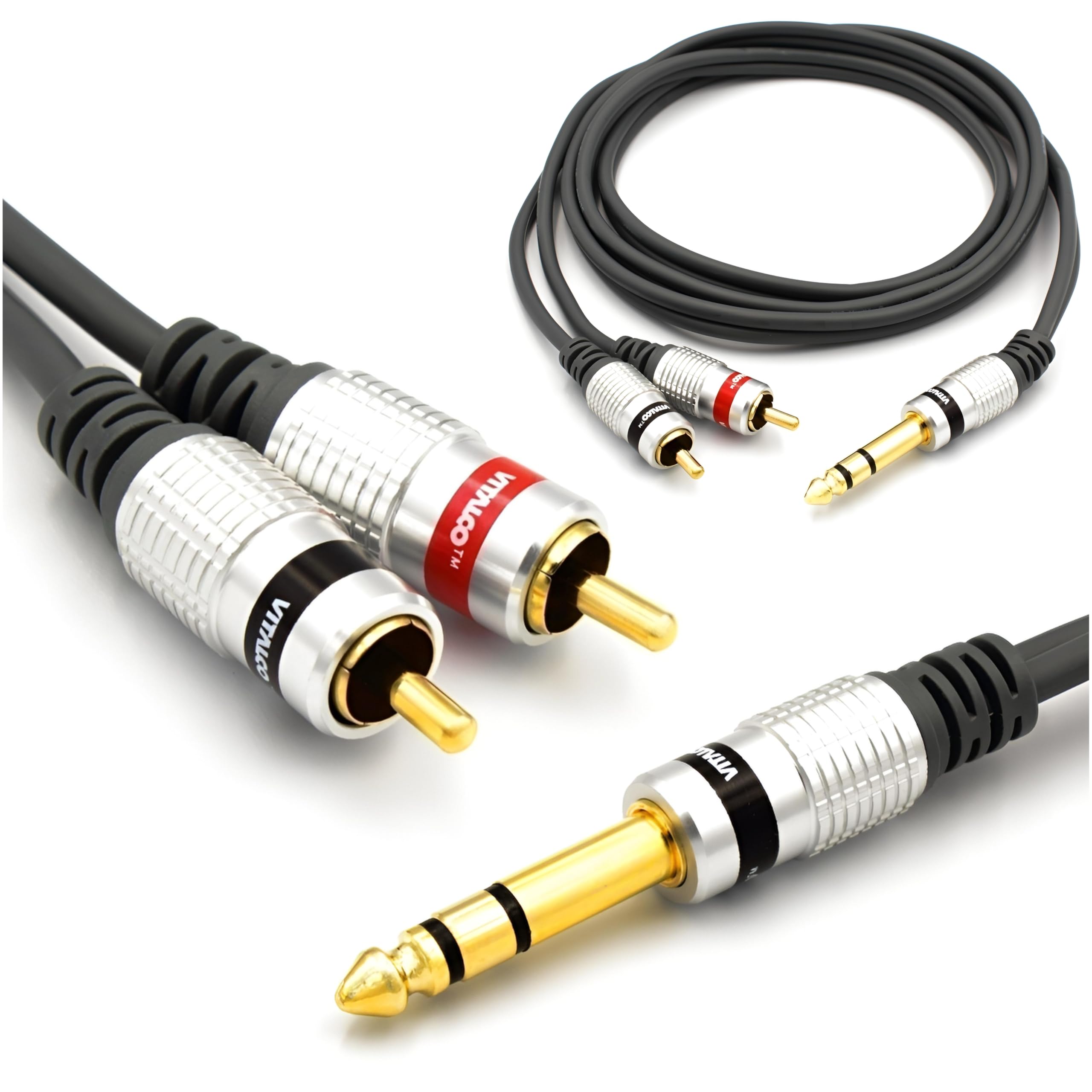 VITALCO Jack 6.35mm Stereo to 2RCA Cable 3m Y Splitter Lead 1/4 Inch TRS Stereo to Twin RCA Cinch Mono Male to Male Plug 1/4 Audio Adapter Gold OFC
