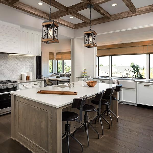 2 PACK RUSTIC FARMHOUSE WOOD PENDANT LIGHT FIXTURE ONE-LIGHT ADJUSTABLE CHAIN OAK WOOD AND METAL LANTERN CAGE SMALL PENDANT LIGHTING FOR KITCHEN ISLAND SINK HALLWAY FARMHOUSE BATHROOM BAR, BLACK