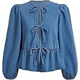 MakeMeChic Women's Denim Blouse Jean Tops Casual Bow Tie Front Lantern Sleeve Top Crew Neck Ruffle Hem Shirt