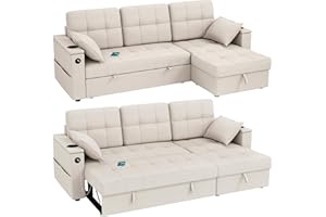 HOMCOM Convertible Sofa Bed, 85" Pull Out Sleeper Sofa with USB Ports, Chaise Storage, 2 Pillows, Linen, L-Shaped Sectional F