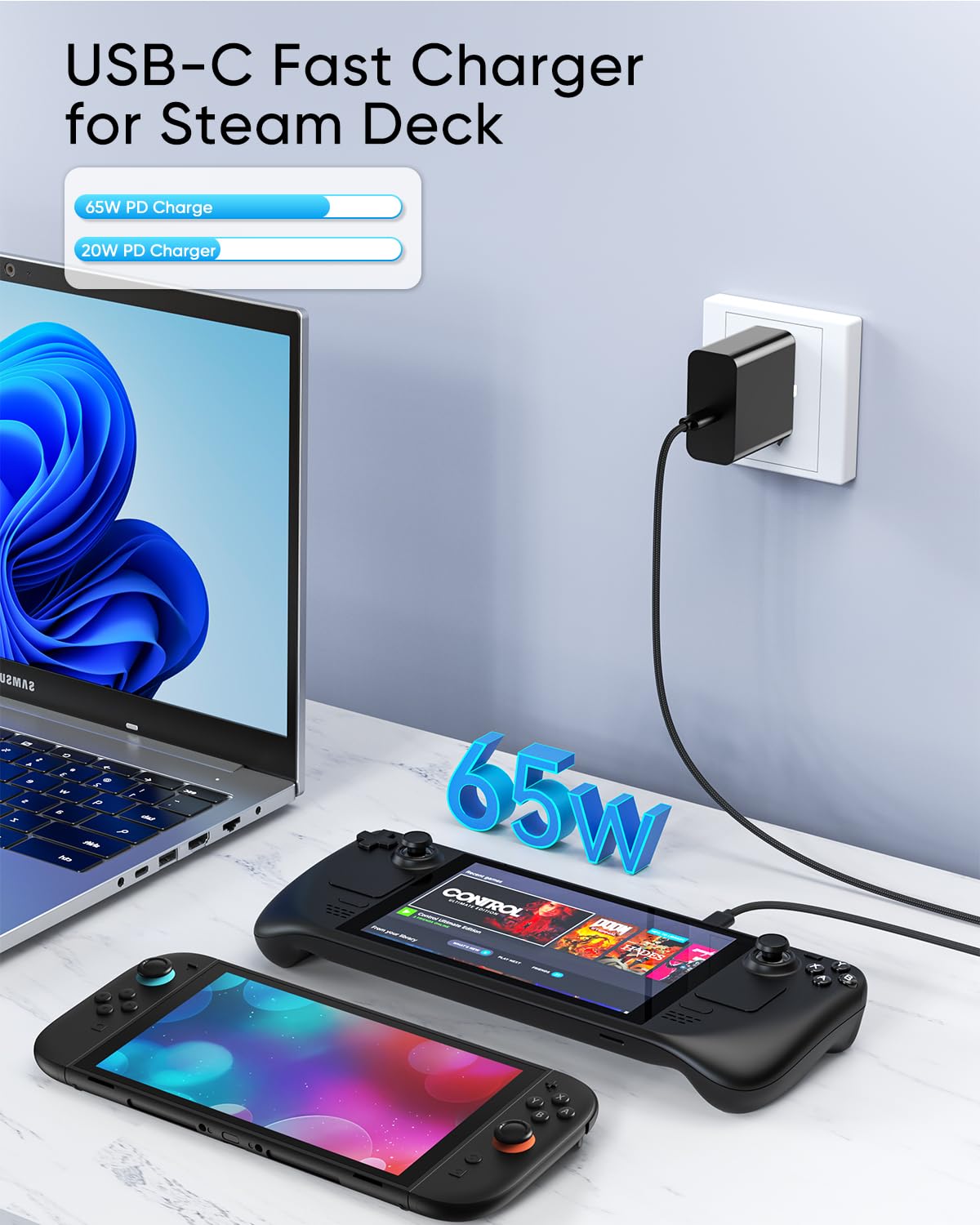 65W Fast Charger for Steam Deck, Nintendo Switch 2 & ROG Ally - PD3.0 Foldable AC Adapter with 6.6FT USB C Cable, Switch 2 Charger Support TV Dock, PS Console [Original Steam Deck Charger Replacement]