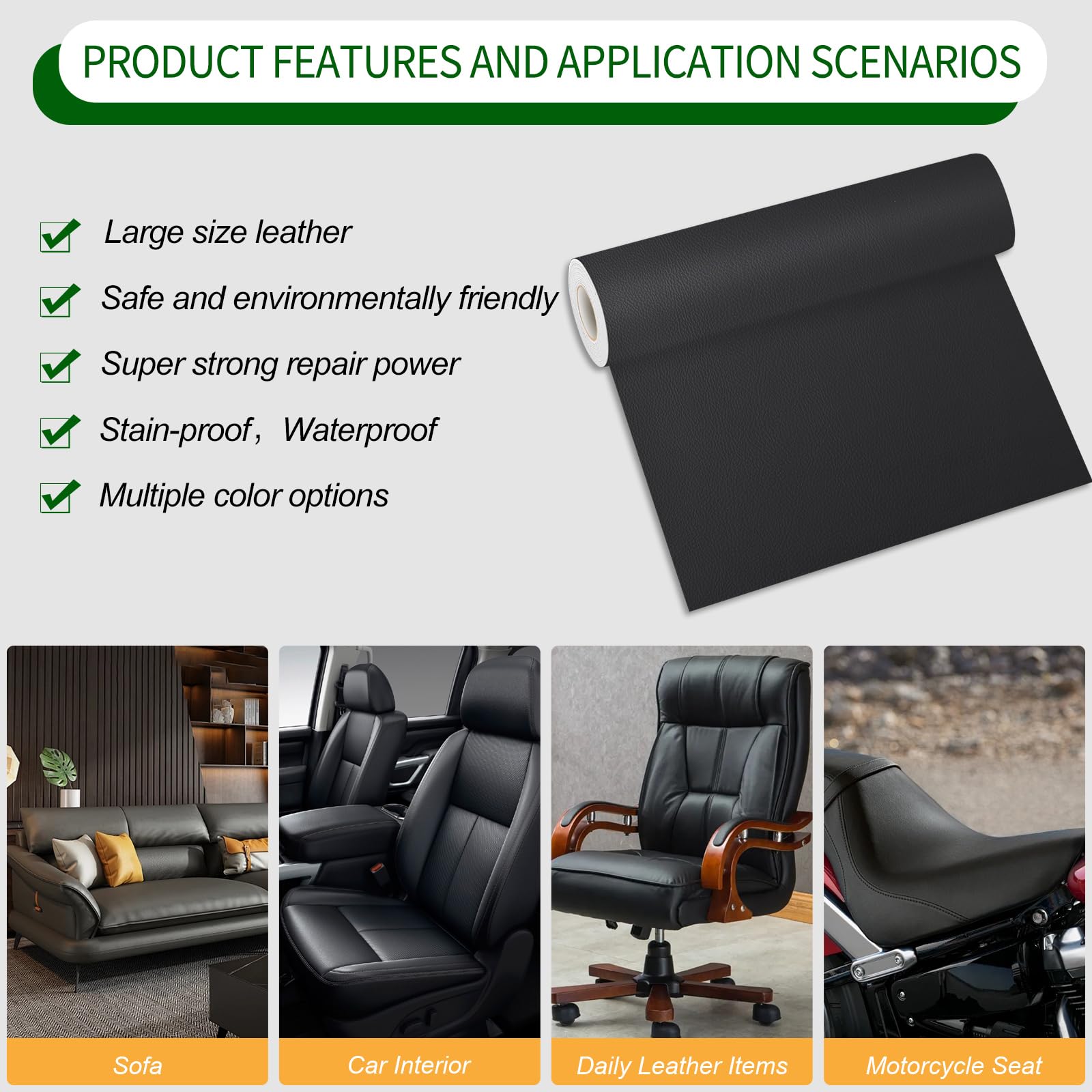 Leather Repair Patch 17X79 inch Large Self-Adhesive Leather Repair Tape Kit, Reupholster Leather Patches for Furniture Couch Chairs Car Seat (Black, 17x79 inch)