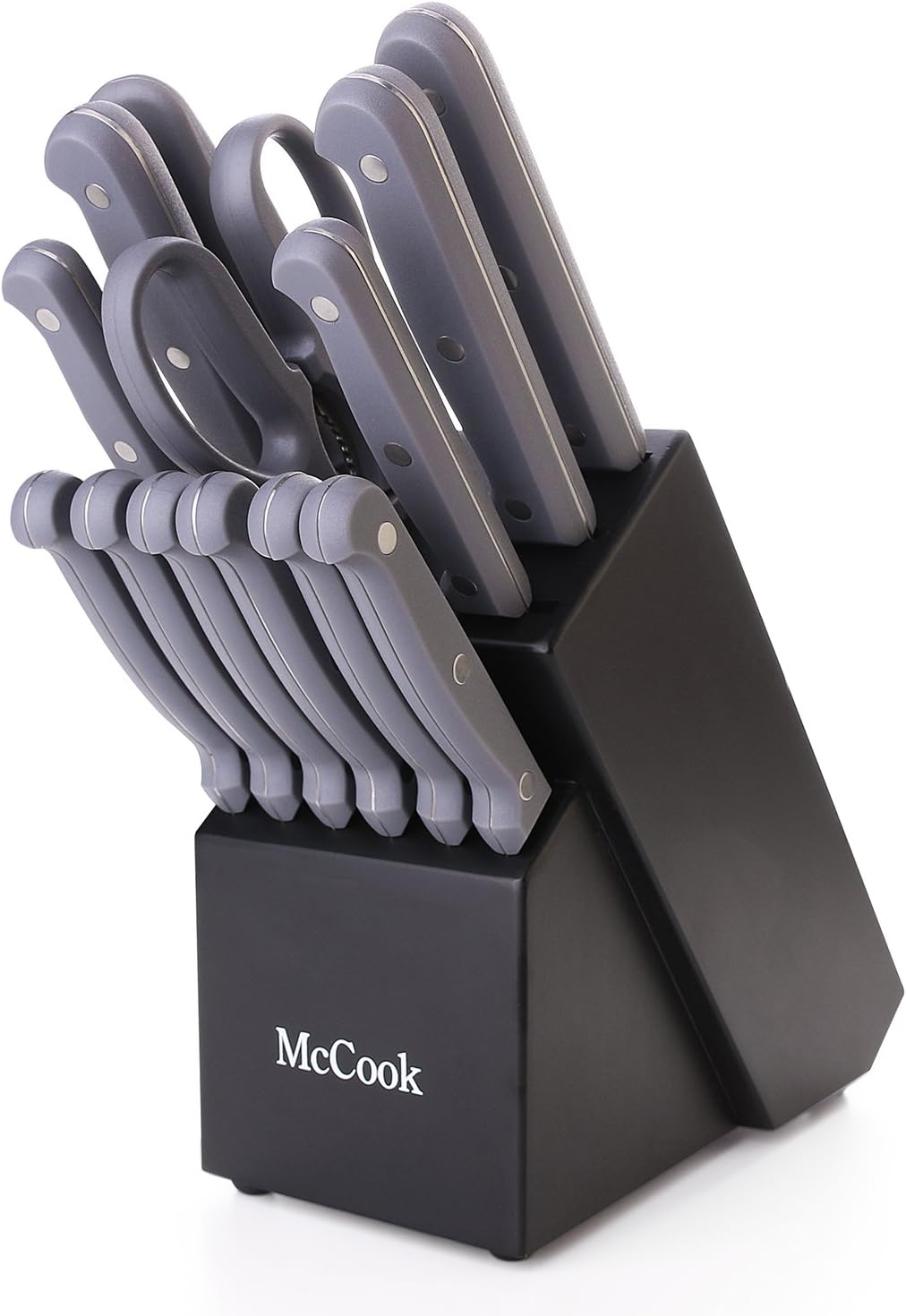 McCook MC32 14 Pieces FDA Certified Knife Block Set with All-purpose Kitchen Shears, Sharpening Steel and Pine Wood Block (Grey)