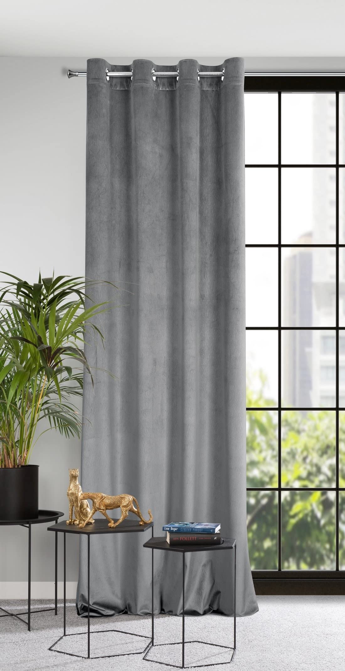 Eurofirany Velvet Curtain with Eyelets Balcony Door Patterned Velvet Look 1 Piece Wavy Pattern Plain Fluffy Living Room Bedroom Lounge 140 x 250 cm 3D Structure Steel 384147 140 x 250 cm