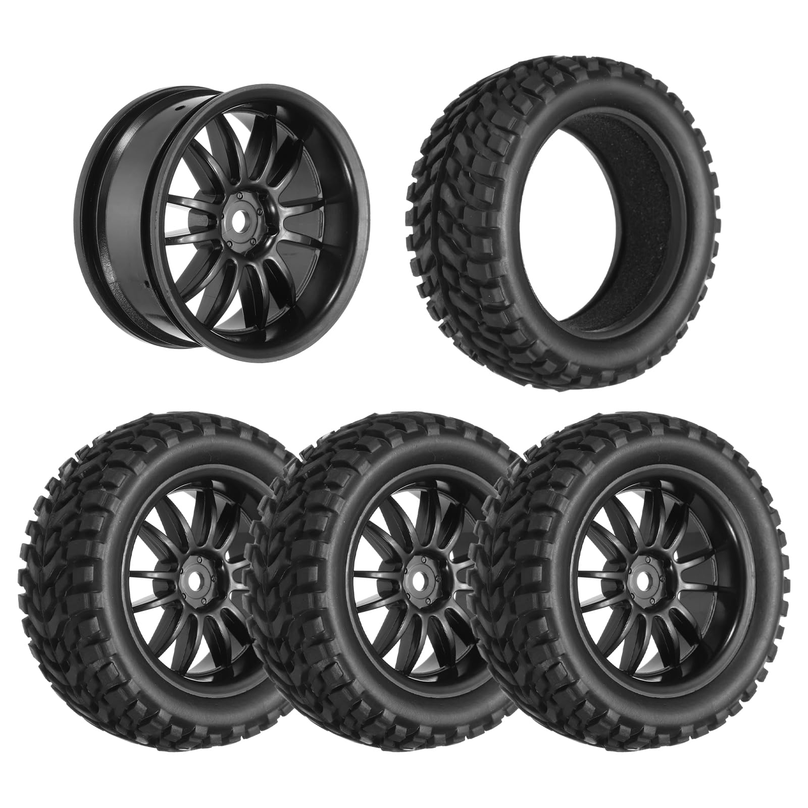 sourcing map 4-Pair High-Grip RC Car Tire & Wheel Set for 1/10 Scale On-Road Touring Cars - Soft Rubber Tyres with 12mm Hubs, Black, Type E